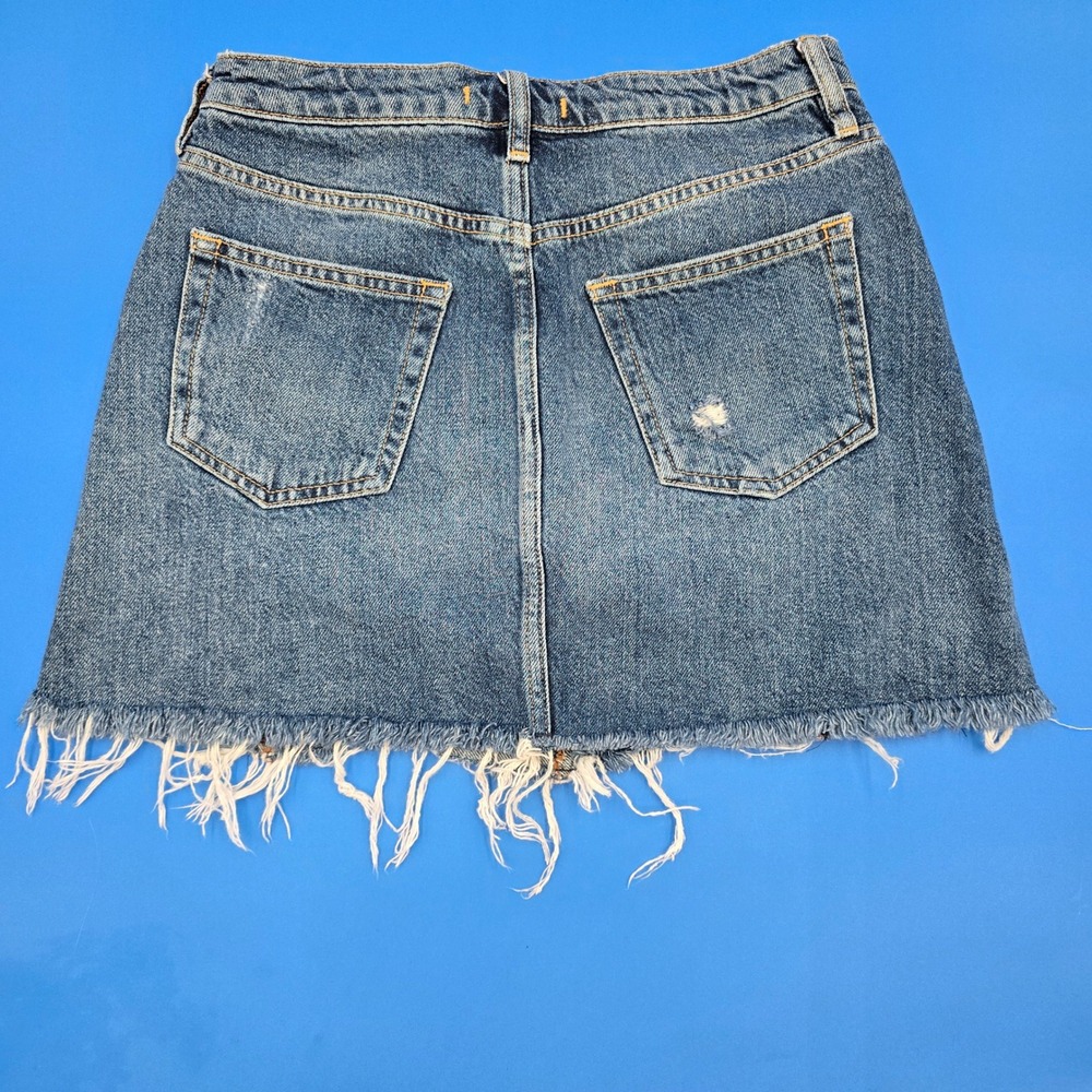 Free People We The Free Tenon Distressed Denim Mini Skirt 29 Button Fly Blue 16" - Picture 2 of 9